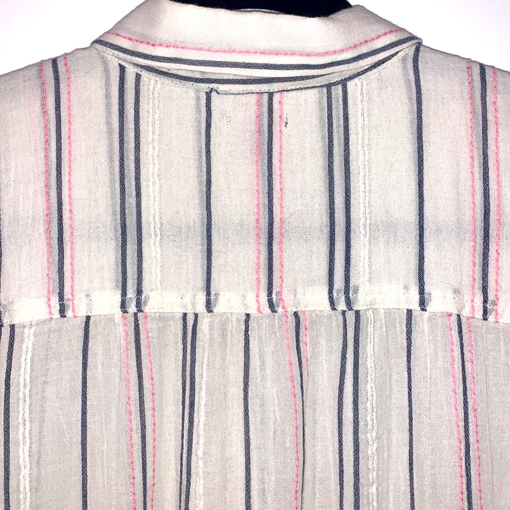 2/$14 Aerie Button Down Short Sleeve Striped Blouse Cream w/ Blue & Pink Stripe - Picture 7 of 8
